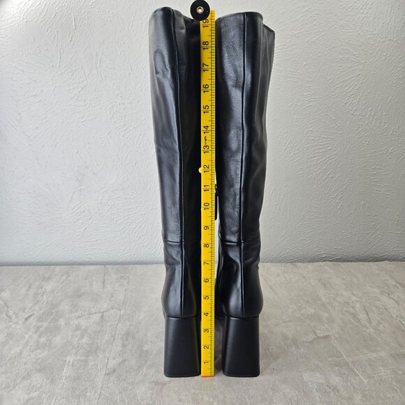 Black Leather Tall Heeled Boots Knee High Block Heel Square Toe Minimalist Chic - Picture 4 of 15